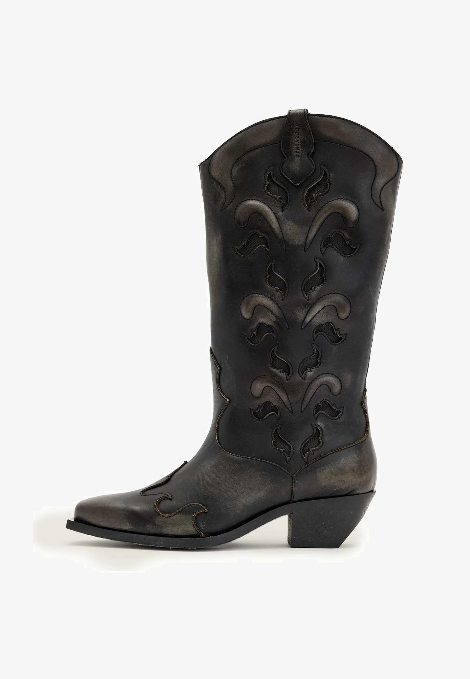 AllSaints distressed black leather western cowboy boots with intricate stitching