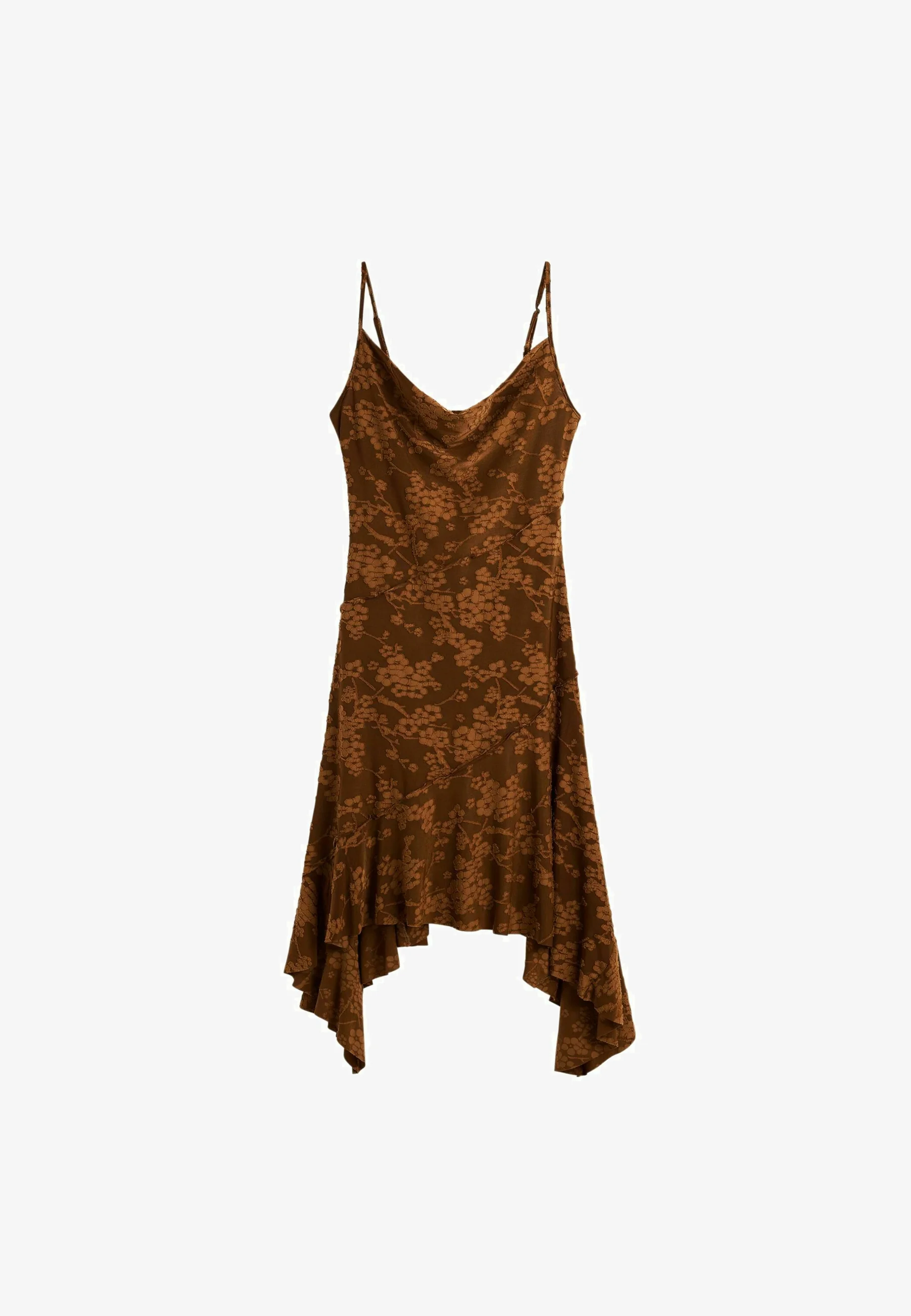 Desigual brown floral jacquard slip dress with asymmetric handkerchief hem