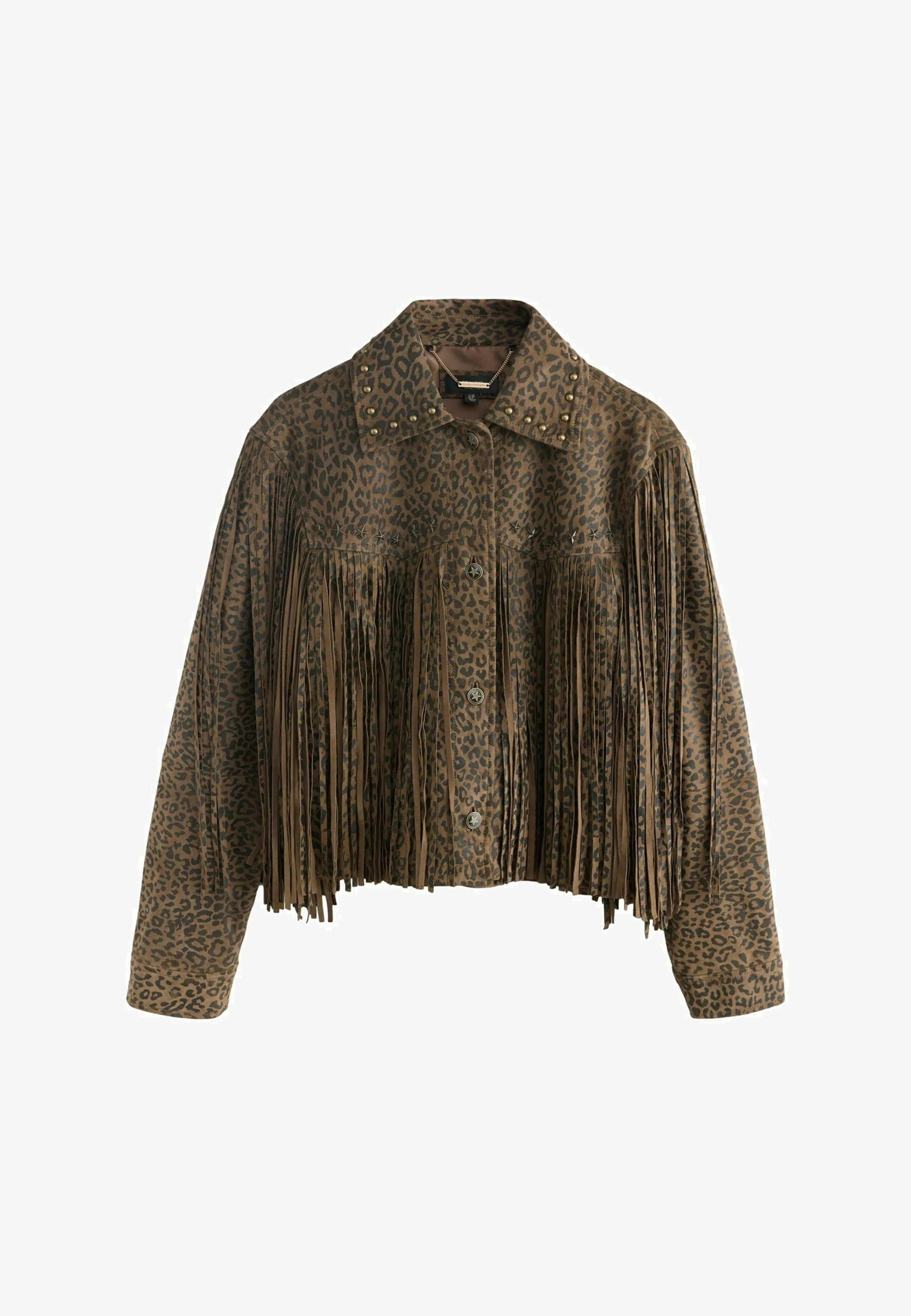 Rockett St George leopard print suede fringe western jacket with stud detailing