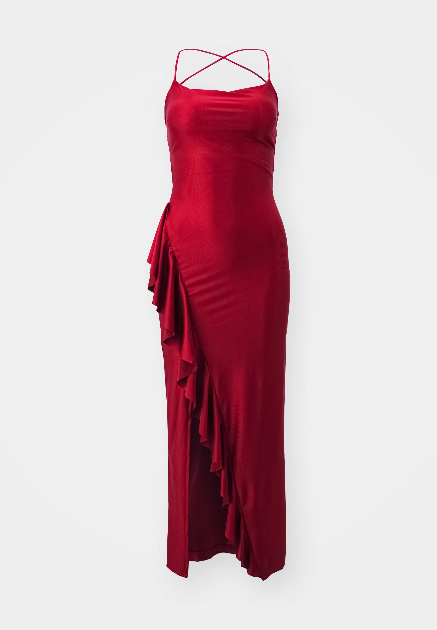 WAL G deep red satin ruffle slit strappy maxi dress