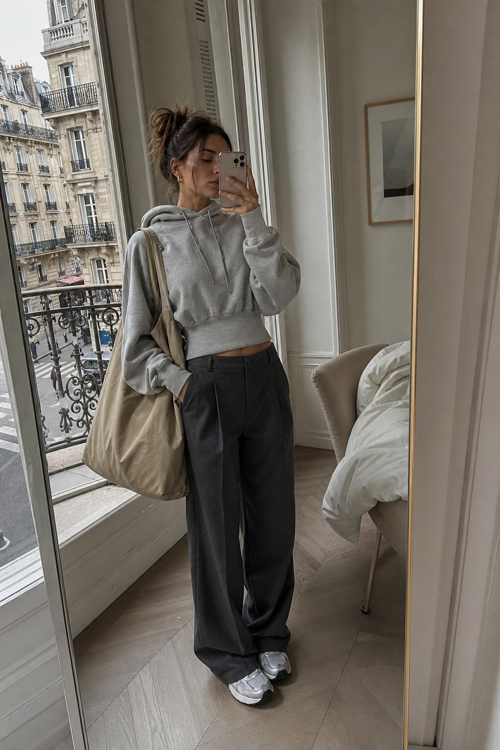 Mirror selfie in a grey cropped hoodie, dark wide-leg trousers and sneakers — Parisian off-duty look