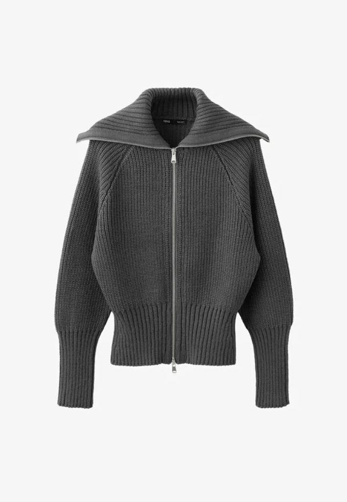 Mango grey ribbed knit zip cardigan with funnel collar